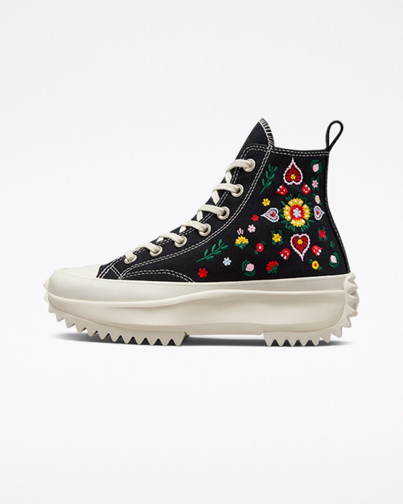 Converse Run Star Hike Plattform Floral Embroidery Schwarz | 9437-CJFHT
