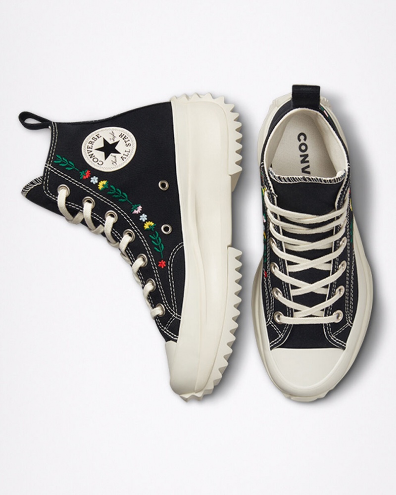 Converse Run Star Hike Plattform Floral Embroidery Schwarz | 9437-CJFHT