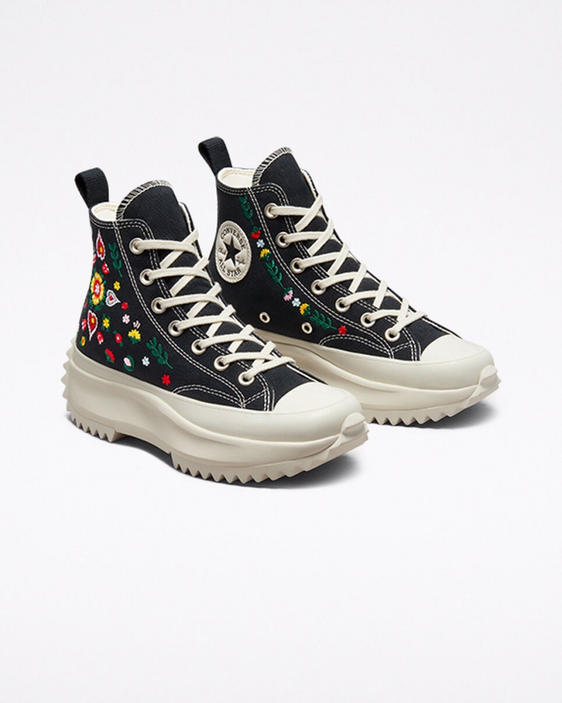 Converse Run Star Hike Plattform Floral Embroidery Schwarz | 9437-CJFHT
