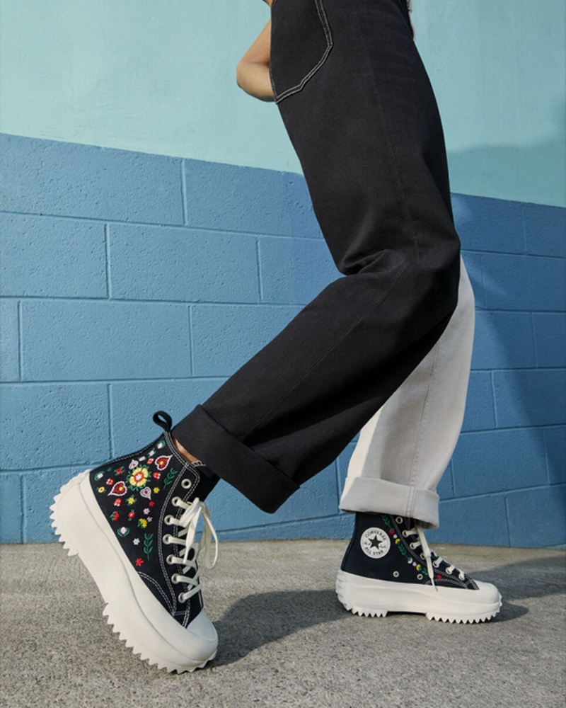 Converse Run Star Hike Plattform Floral Embroidery Schwarz | 9437-CJFHT