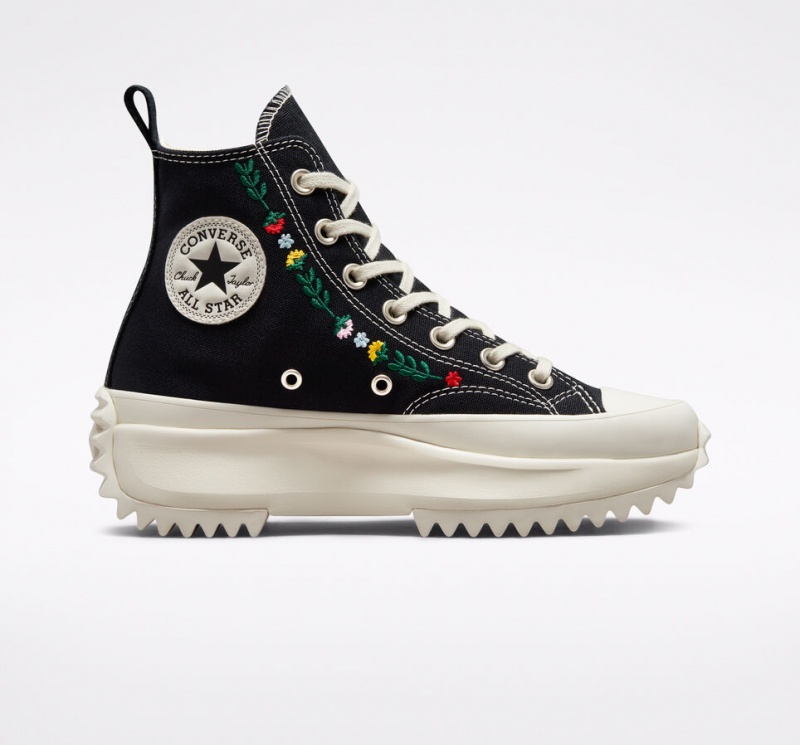 Converse Run Star Hike Plattform Floral Embroidery Schwarz | 9437-CJFHT